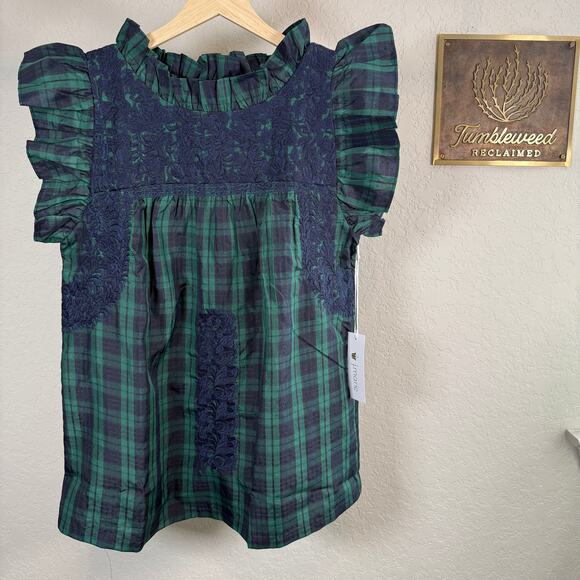 Women's J.Marie Green and Blue Plaid Embroidered Ruffle Sleeve Blouse Size S NEW - Picture 2 of 10